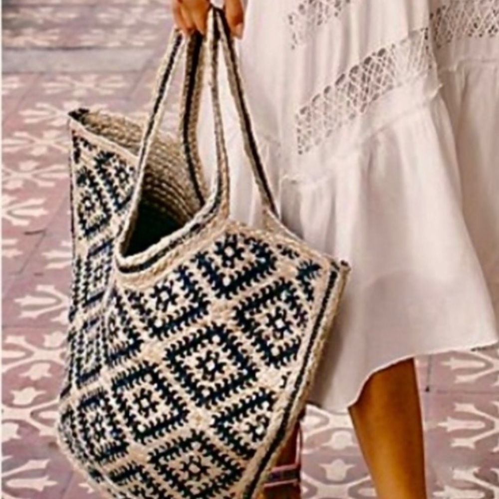 Free People Eva Tote NWT Jute Sisal Print Woven Beach Summer Bohemian Carry All - Picture 4 of 11
